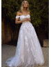 Off Shoulder Ivory Lace Tulle Wedding Dress With Champagne Lining
